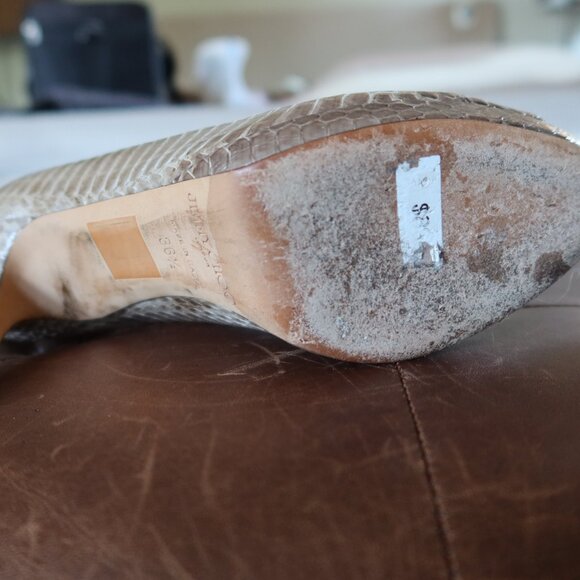 $895 Jimmy Choo peep toe platform snakeskin pumps in grey/green 36 1/2 ITALY - Picture 14 of 15